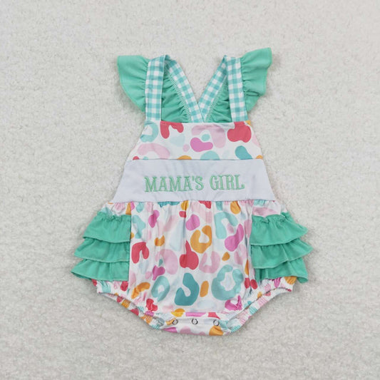 SR1246 baby girl clothes embroidery mama’s girl green leopard toddler summer bubble rompers