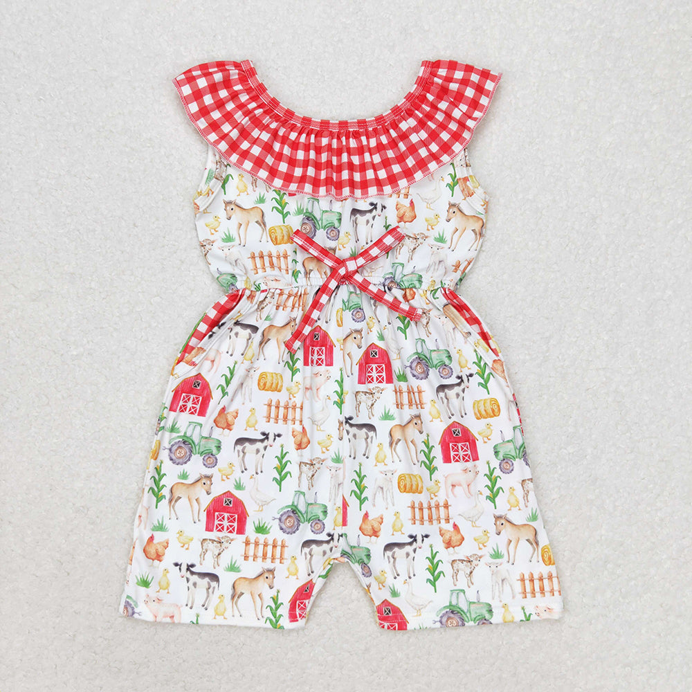 Sibling Baby Girls Red Farm Checkered Summer Rompers Jumpsuits