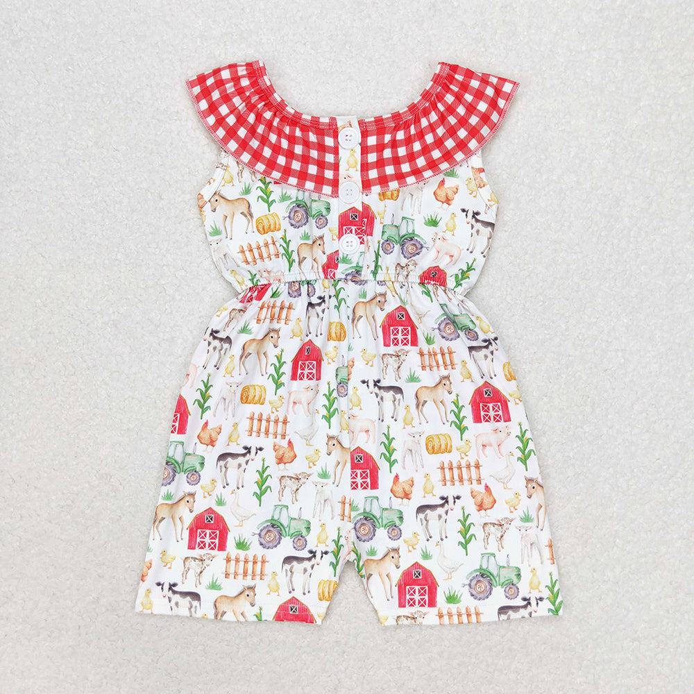 SR1301 baby girls red checkered farm house pockets summer jumpsuits
