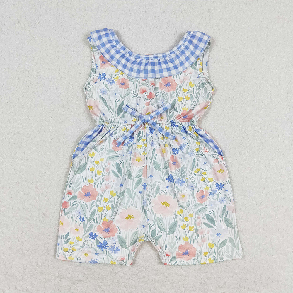 SR1343 baby girls blue checkered floral pockets summer jumpsuits