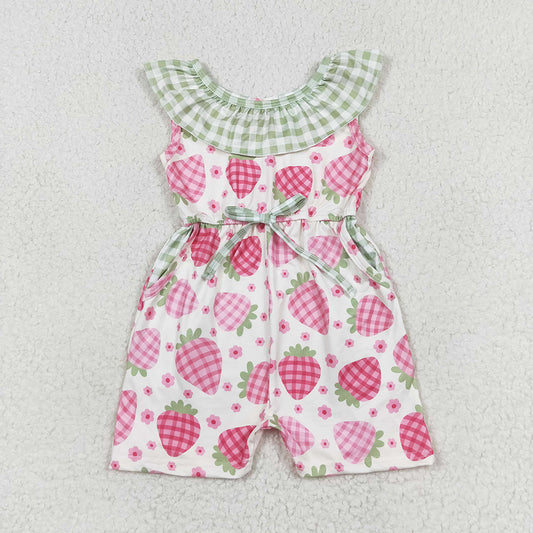 SR1565 baby girls Green checkered strawberry pockets summer jumpsuits