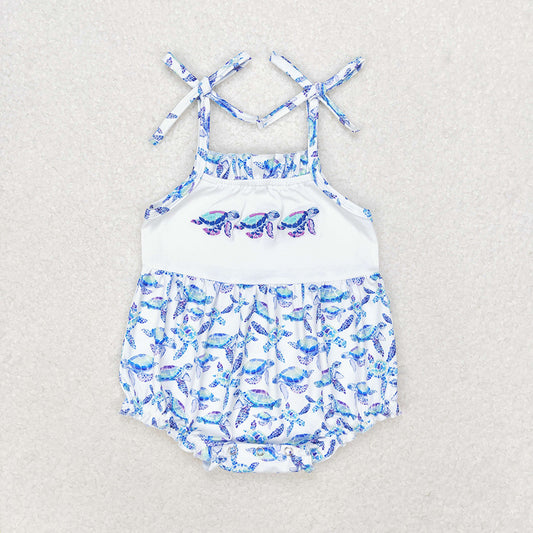 SR1650 baby girls turtle embroidery straps rompers