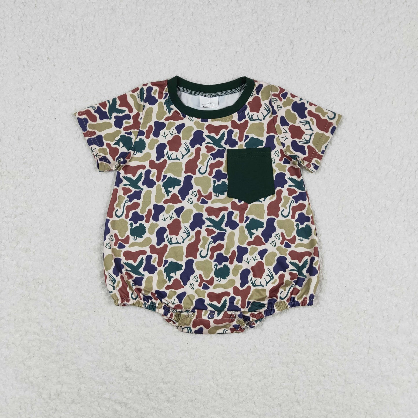 Sibling Baby Boys Short Sleeves Deer Dogs Ducks Turkey Camo Hunting Pocket Rompers