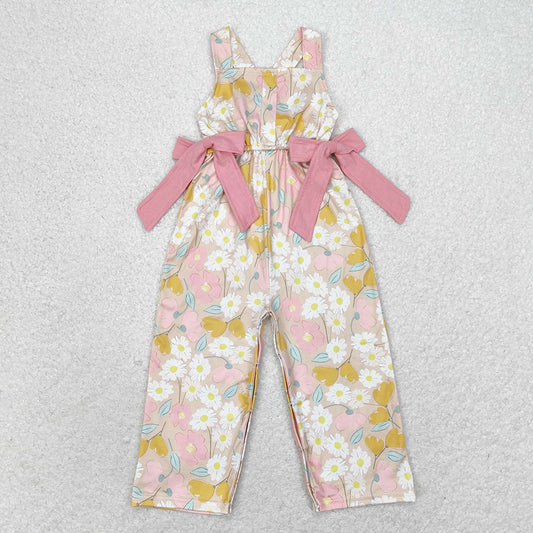 SR1674  kids clothes girls pink flowers bows summer jumpsuit