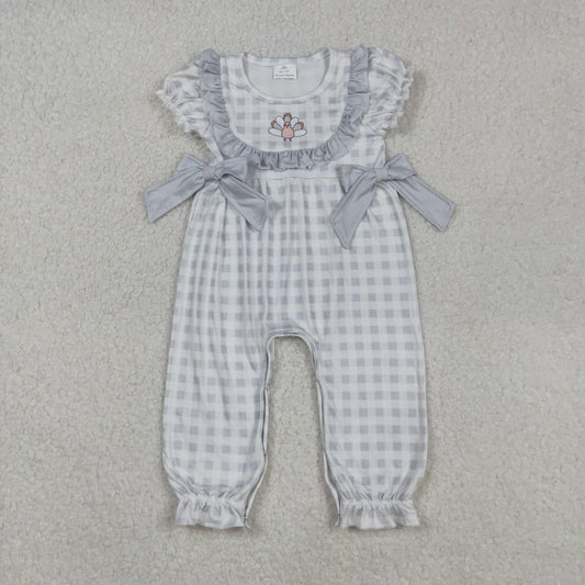 SR1970 Baby Girls Grey Checked Embroidery Turkey Bows Thanksgiving Ruffle Footie Rompers