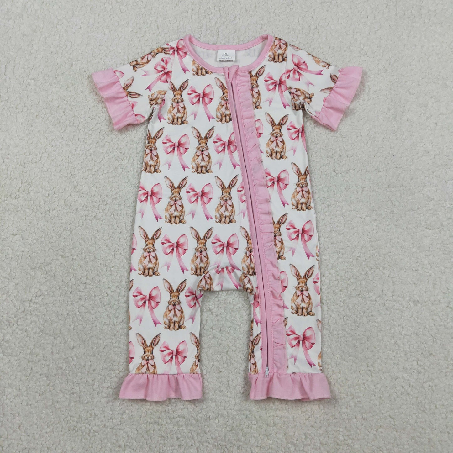 SR2020 Baby Girls Short Sleeve Pink Bows Rabbits Easter Ruffle Zipper Rompers