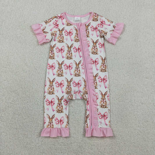 SR2020 Baby Girls Short Sleeve Pink Bows Rabbits Easter Ruffle Zipper Rompers