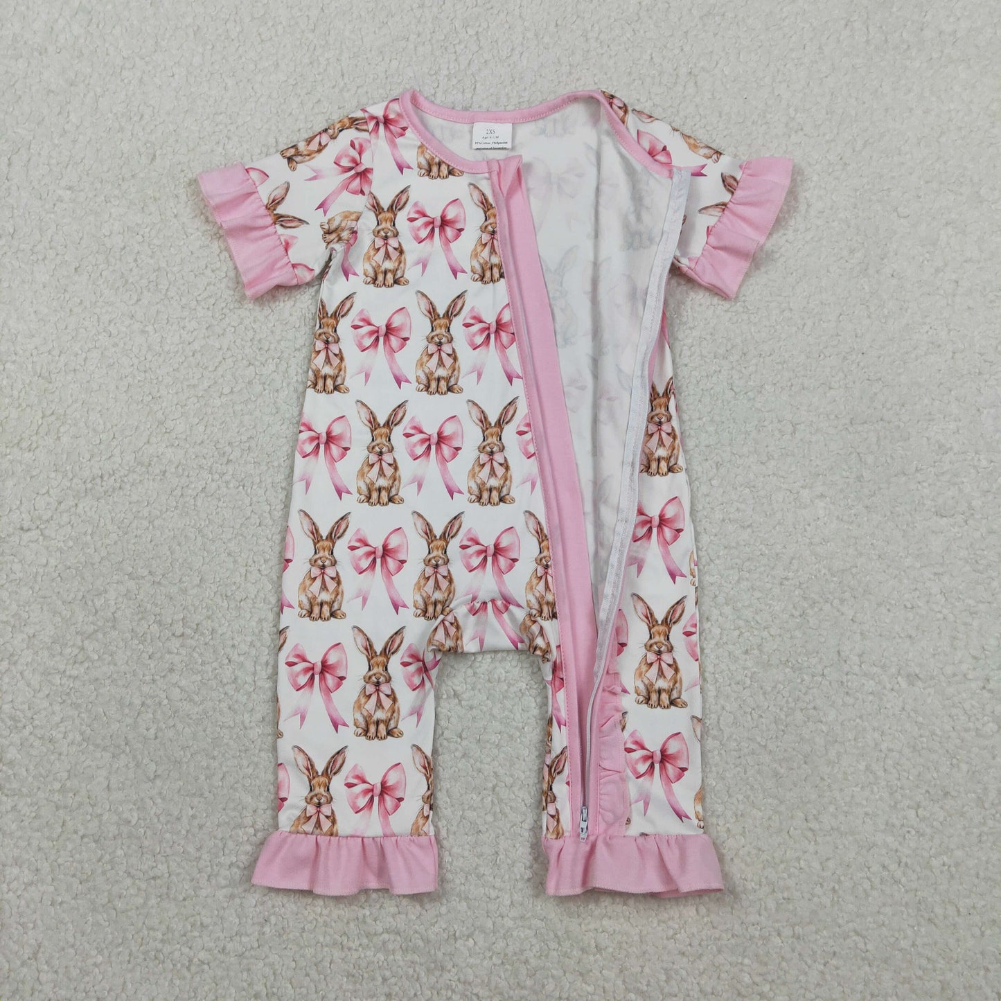SR2020 Baby Girls Short Sleeve Pink Bows Rabbits Easter Ruffle Zipper Rompers