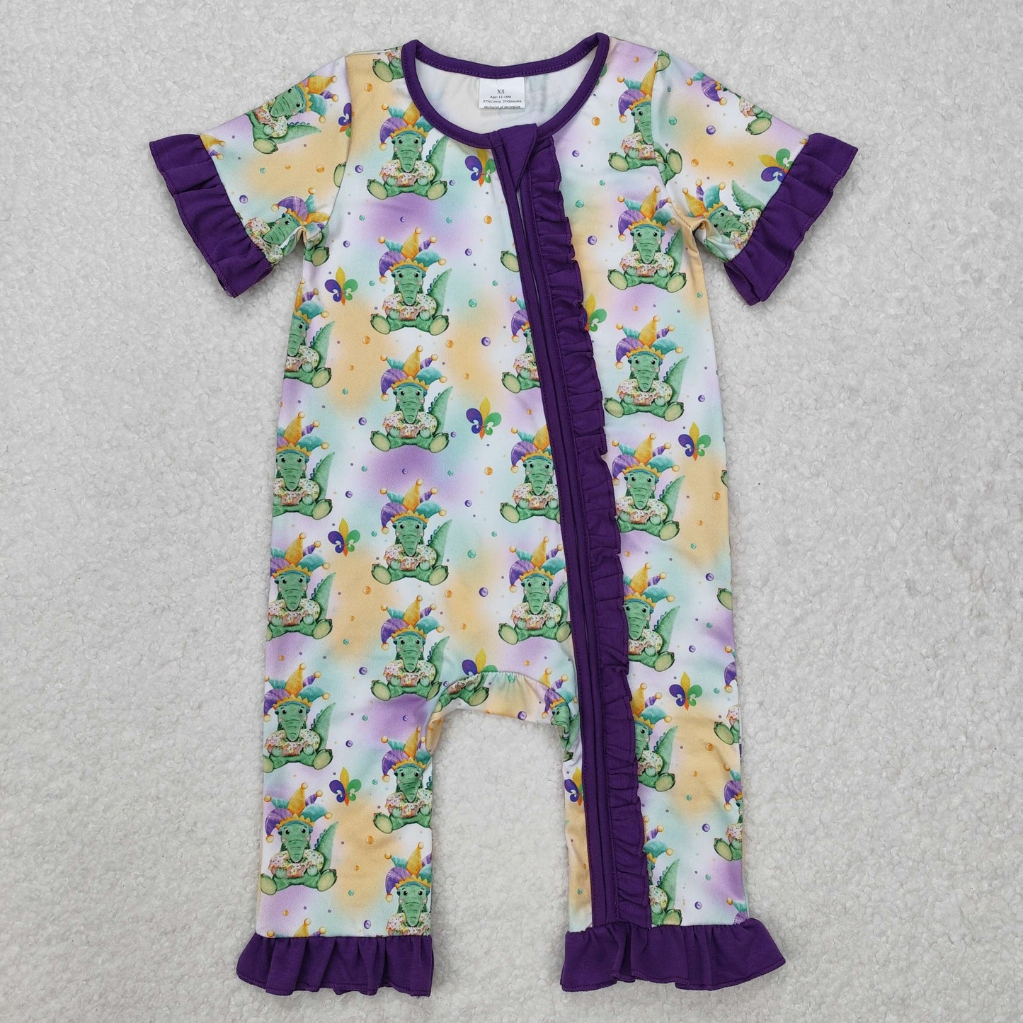 Sibling Baby Boys Girls Short Sleeves Mardigras Zipper Footie Rompers