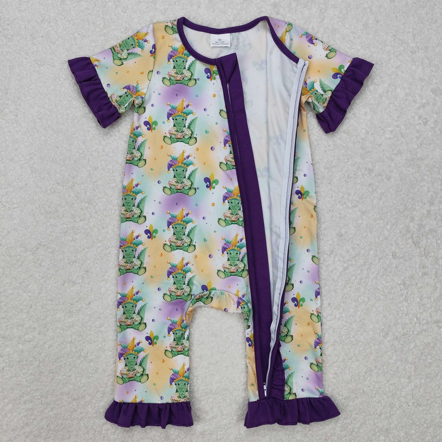 Sibling Baby Boys Girls Short Sleeves Mardigras Zipper Footie Rompers