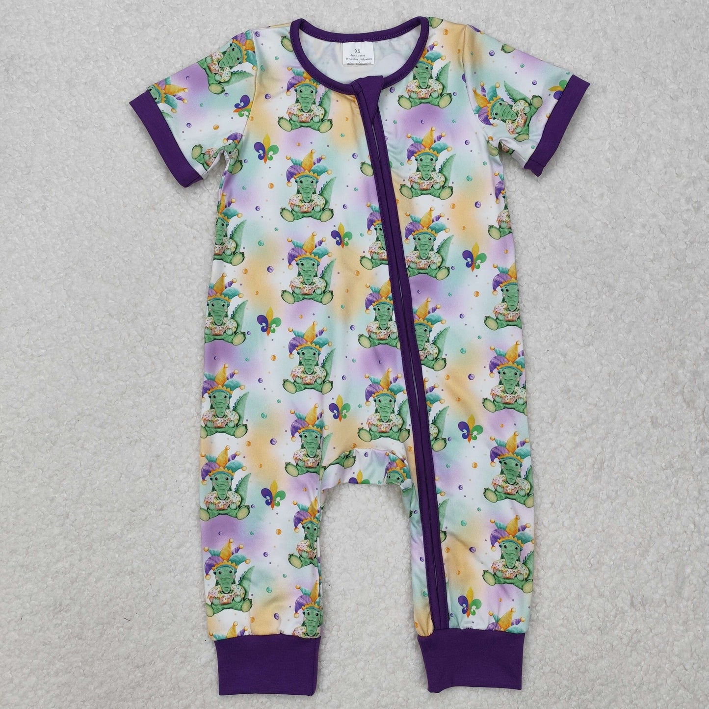 Sibling Baby Boys Girls Short Sleeves Mardigras Zipper Footie Rompers