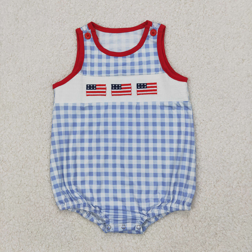 SR2572 Smocked Baby boys blue checkered flags 4th of july rompers
