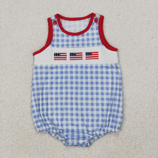 SR2572 Smocked Baby boys blue checkered flags 4th of july rompers