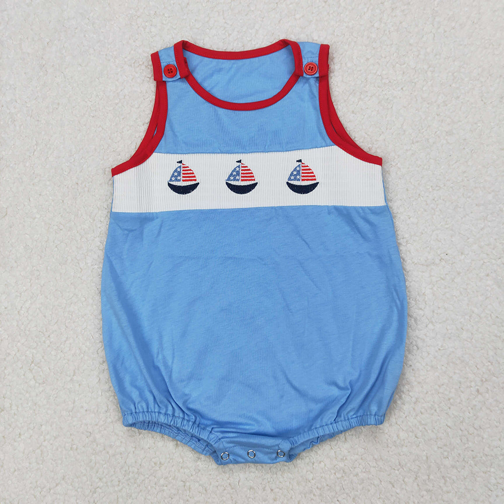 SR2574 Smocked Baby boys blue sailboats 4th of july rompers