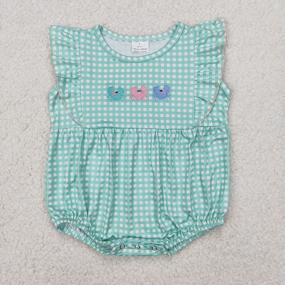 Sibling Embroidery Baby Girls Crabs Bows Rompers Outfits Sets