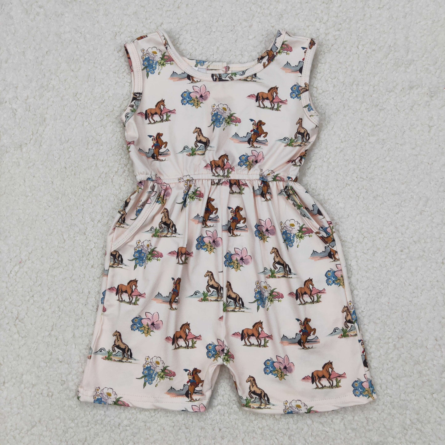 Sibling Baby Girls Sleeveless Flowers Bows Pockets Shorts Jumpsuits