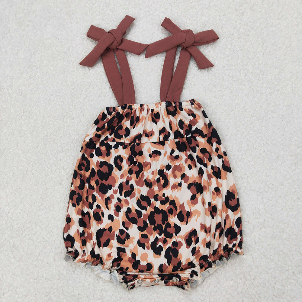 Sibling Baby Girls Brown Bows Strap Leopard Rompers Outfits