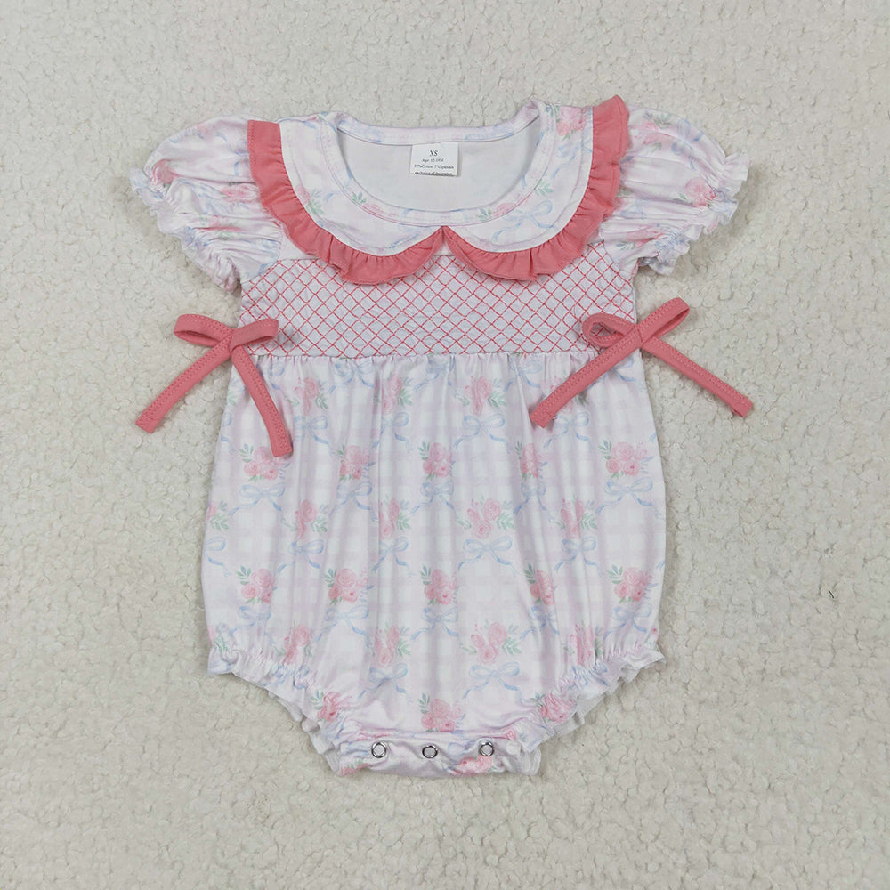 SR2917 baby girls pink bows flowers embroidery short sleeve rompers