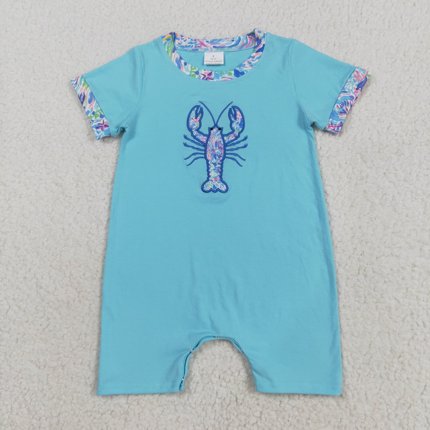 SR3044 Baby Boys Short Sleeve Blue Floral Embroidery Crayfishes Shorts Rompers