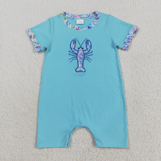 SR3044 Baby Boys Short Sleeve Blue Floral Embroidery Crayfishes Shorts Rompers