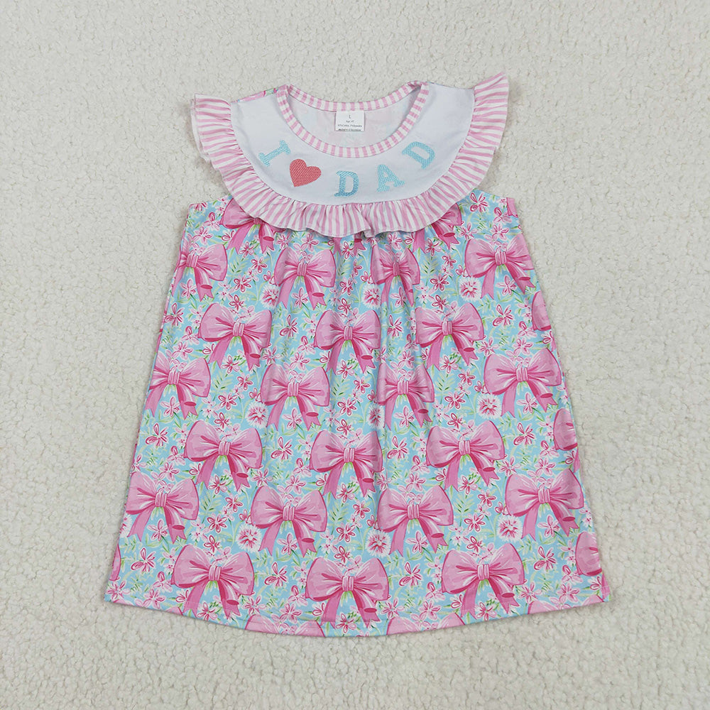 Sibling Embroidery Baby Girls Pink I Love Dad Floral Bows Rompers Dresses