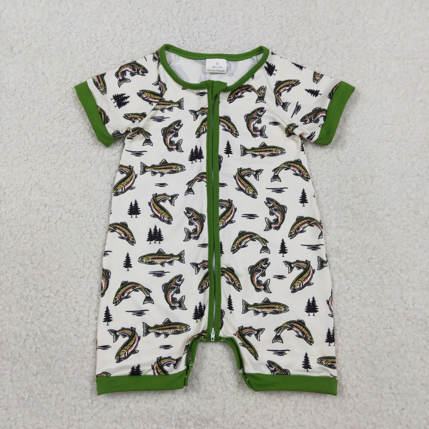 SR3095 Baby Boys Green Short SLeeve Fishing Zipper Short Hunting Rompers