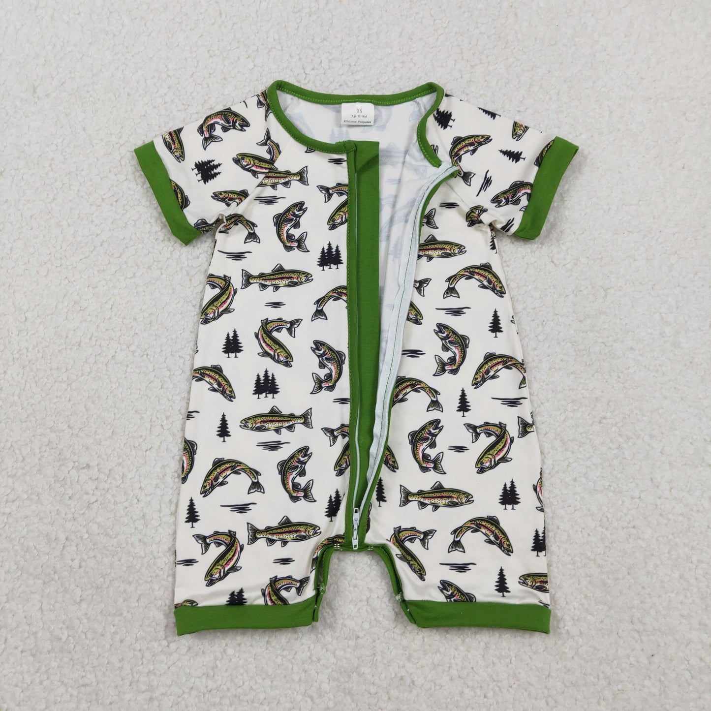SR3095 Baby Boys Green Short SLeeve Fishing Zipper Short Hunting Rompers
