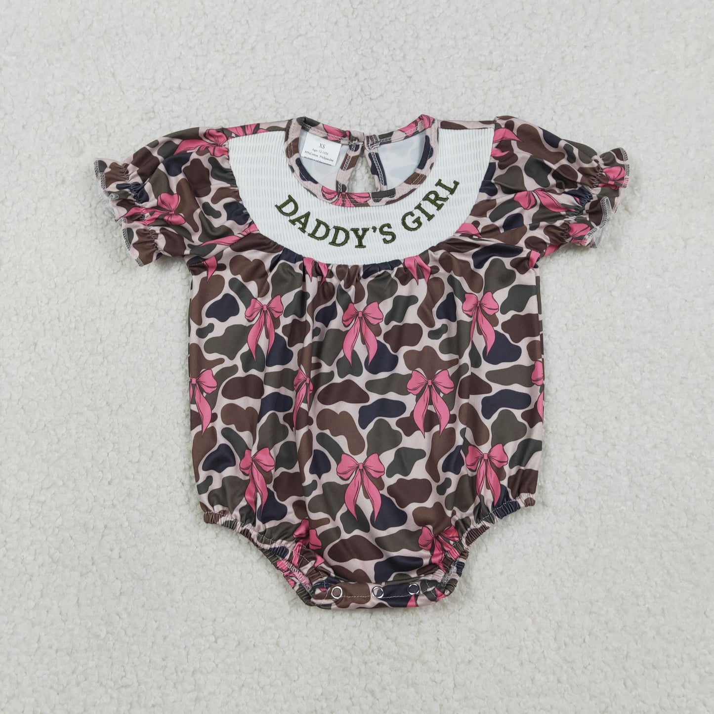 SR3105 Smocked Daddy's Girls Brown Camo Pink Bows Plaid Ruffle Rompers