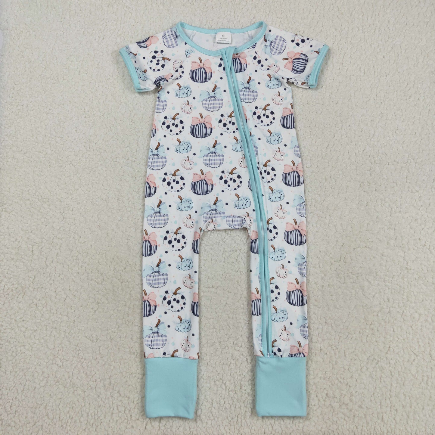 SR3109 Baby Girls Short Sleeve Bows Pumpkins Plaid Fall Zipper Footed Rompers