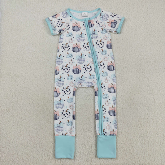 SR3109 Baby Girls Short Sleeve Bows Pumpkins Plaid Fall Zipper Footed Rompers