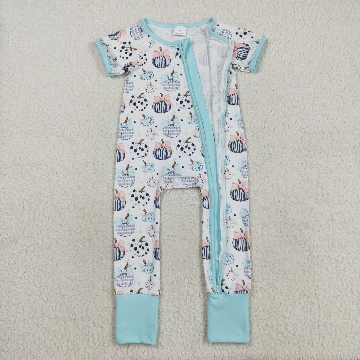 SR3109 Baby Girls Short Sleeve Bows Pumpkins Plaid Fall Zipper Footed Rompers