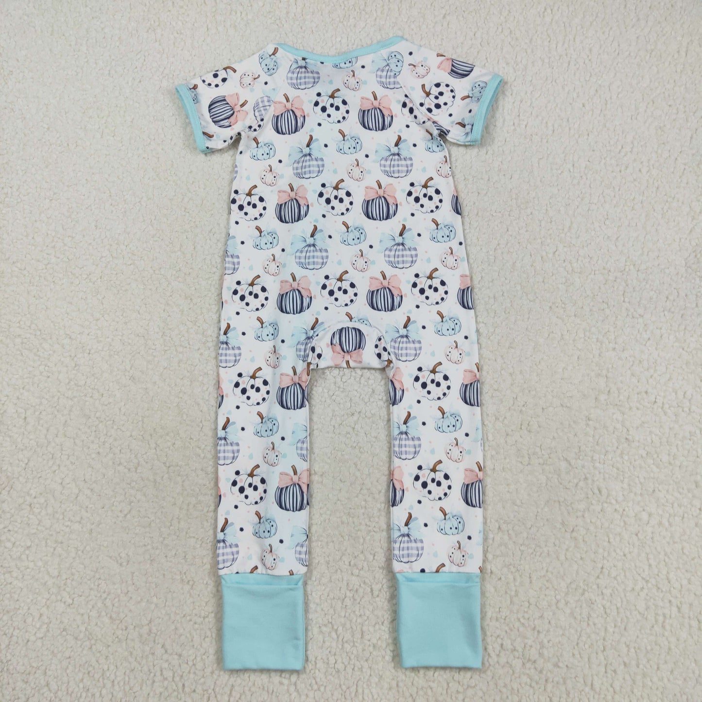 SR3109 Baby Girls Short Sleeve Bows Pumpkins Plaid Fall Zipper Footed Rompers