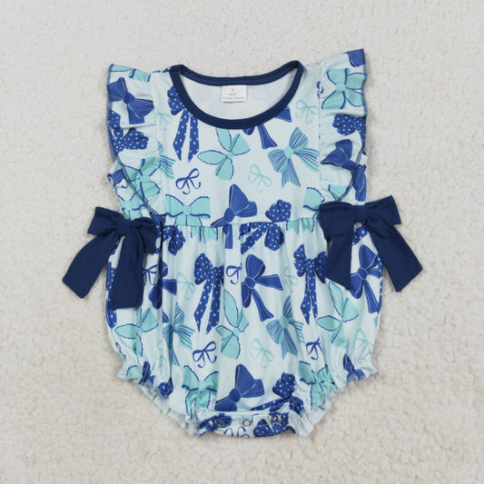 SR3121 Baby Girls Hot Blue Bows Plaid Flutter Sleeve Ruffle Rompers