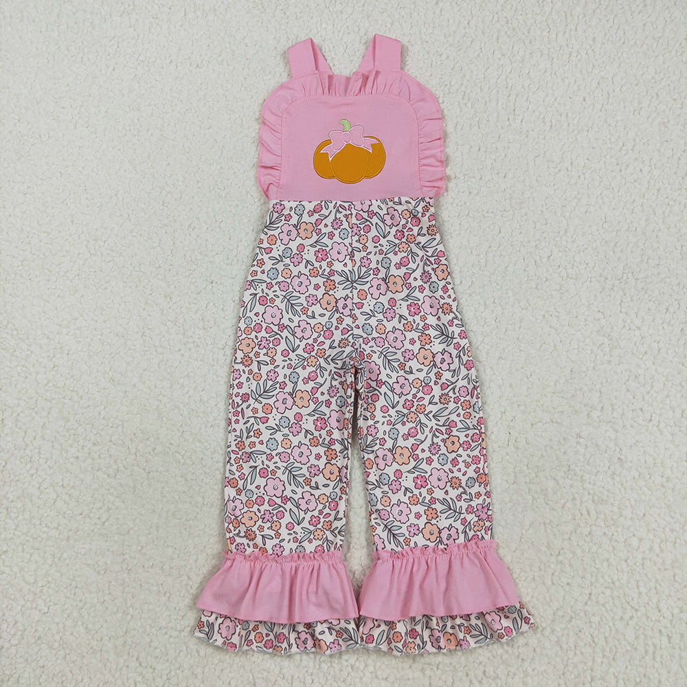 Sibling Embroidery Ghost Pumpkins Baby Girls Strap Floral Fall Halloween Ruffle Jumpsuits