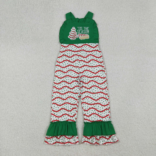 SR3178 Baby Girls Green Strap Embroidery Stripe Trees Ruffle Pant Christmas Jumpsuits