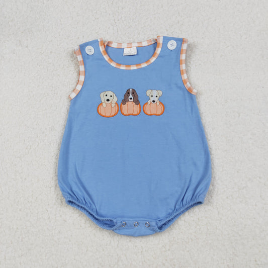 SR3190 Baby Boys Sleeveless Embroidery Dogs Pumpkins Fall Rompers