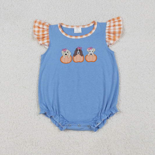 SR3191 Baby Girls Flutter Sleeve Embroidery Dogs Pumpkins Fall Ruffle Rompers