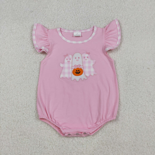 SR3196 Baby Girls Pink Flutter Sleeve Embroidery Ghost Pumpkins Halloween Ruffle Rompers