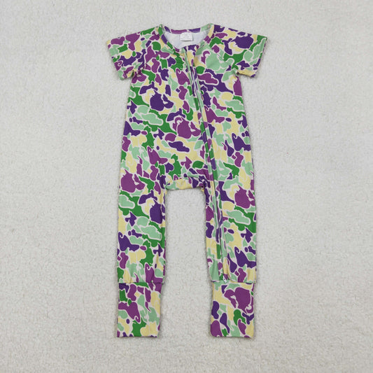 SR3211 Baby Boys Mardigras Camo Two Way Zip Convertible Rompers