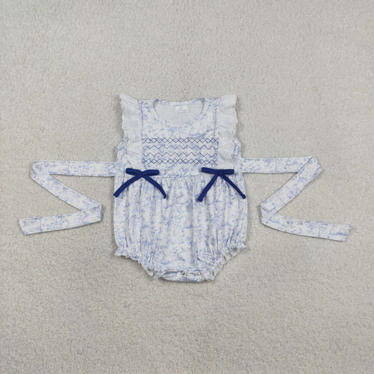 SR3219 Baby Girls Sleeveless Embroidery Blue Rabbit Flowers Easter Ruffle Romper
