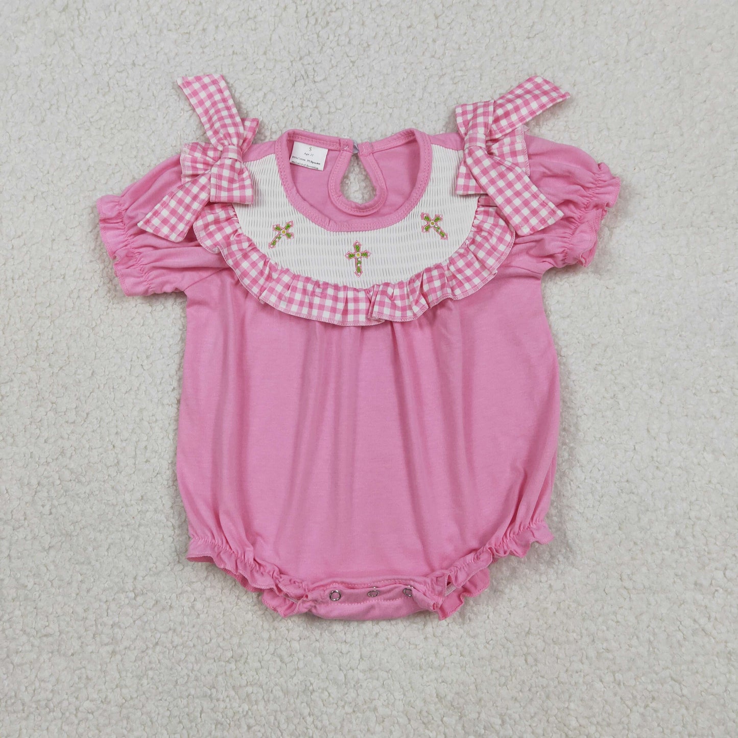 SR3250 Smocked Floral Crosses Baby Girls Pink Easter Rompers