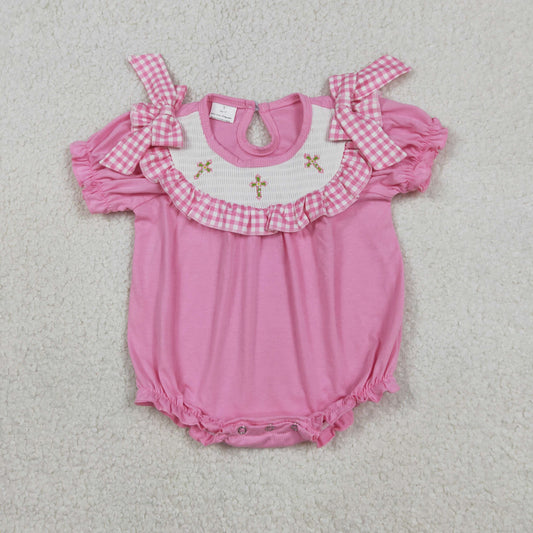 SR3250 Smocked Floral Crosses Baby Girls Pink Easter Rompers
