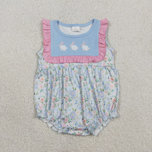 SR3271 Baby Girls Sleeveless Embroidery Rabbits Flowers Easter Ruffle Rompers