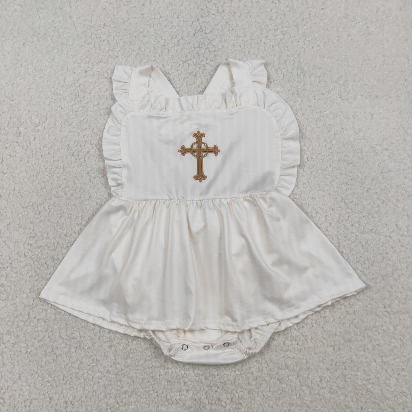SR3306 Baby Girls Strap Embroidery Cross Back Bow Easter Stripe Ruffle Rompers
