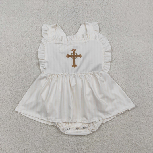 SR3306 Baby Girls Strap Embroidery Cross Back Bow Easter Stripe Ruffle Rompers