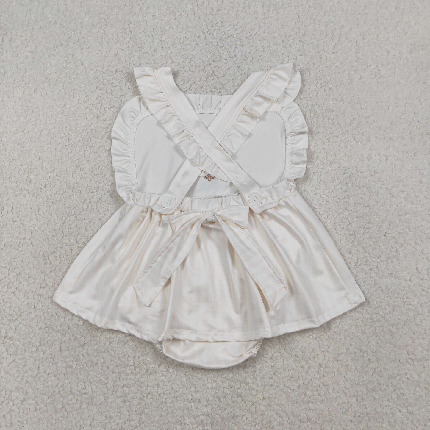 SR3306 Baby Girls Strap Embroidery Cross Back Bow Easter Stripe Ruffle Rompers
