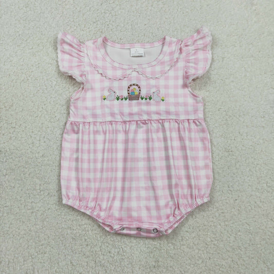 SR3314 Baby Girls Pink Checked Embroidery Rabbits Eggs Easter Collar Ruffle Rompers