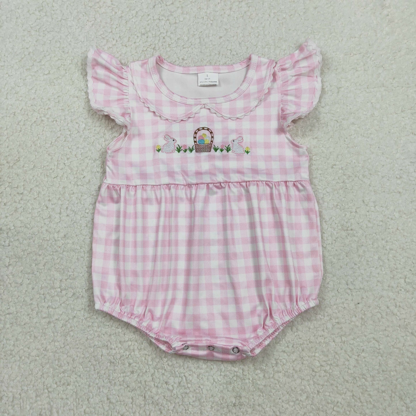 Sibling Baby Girls Pink Checked Embroidery Rabbits Eggs Easter Knee Length Dress Rompers