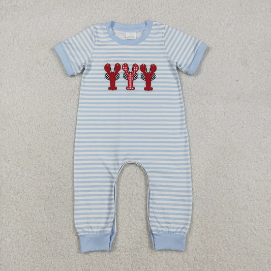 SR3333 Baby Boys Blue Stripe Embroidery Crayfishes Footie Rompers