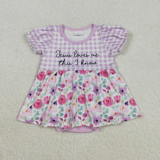 SR3343 Baby Girls Pink Flowers Checked Jesus Loves Me Tunic Bummies Ruffle Rompers